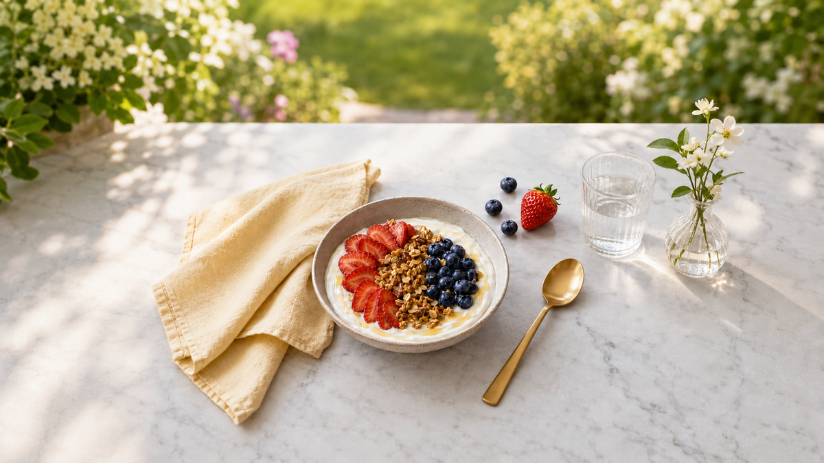 Berry vanilla yogurt bowl with strawberries, blueberries, granola, and Biotics³