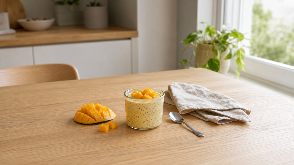 Mango chia pudding with fresh mango, Greek yogurt, chia seeds, and Biotics³